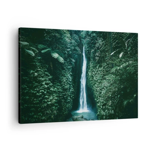 Lærredstryk - Billede på lærred - Et vandfald omgivet af tæt tropisk vegetation - 70x50cm - Tropisk spa - Moderne vægdekoration til stue og soveværelse ARTTOR