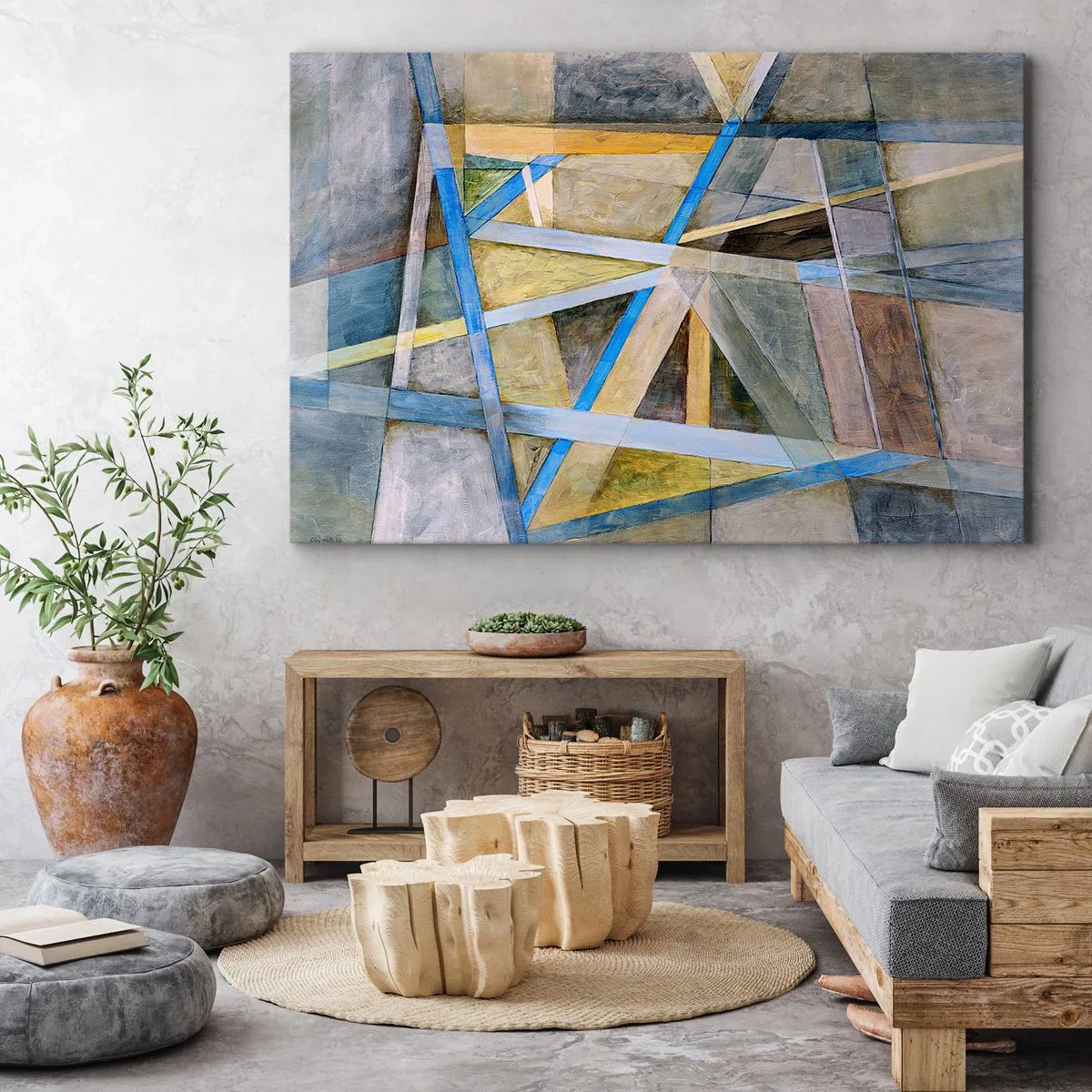 Lærredstryk - Billede på lærred - Geometrisk komposition med lyse og blå linjer - 70x50cm - Lige eller skråt? - Moderne vægdekoration til stue og soveværelse ARTTOR