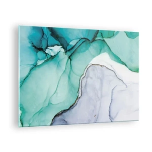 Billede på glas - Et abstrakt maleri i nuancer af turkis og hvid med fine revner. - 70x50cm - Undersøgelse i turkis - Moderne vægdekoration til stue og soveværelse ARTTOR
