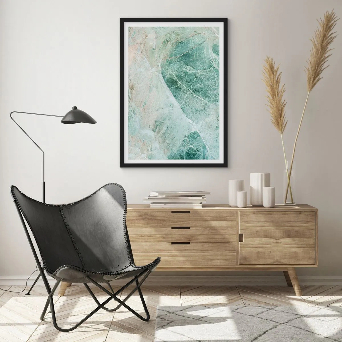 Plakat i sort ramme - Grøn marmorstruktur med fine hvide årer - 50x70cm - Den ædle kølighed af sten - Moderne vægdekoration til stue og soveværelse ARTTOR