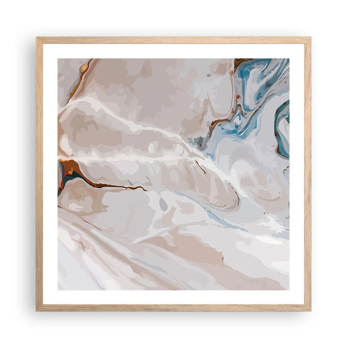 Plakat i ramme af lyst egetræ - Blå slynger sig under det hvide - 60x60 cm