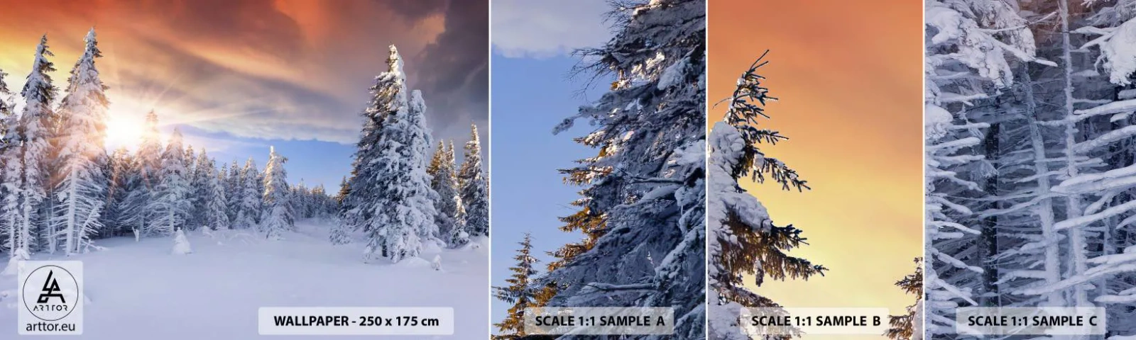 Fototapet Prøve Standard Eco - Et snedækket naturspektakel - Landskab, Skov, Vinter - 100x30 cm