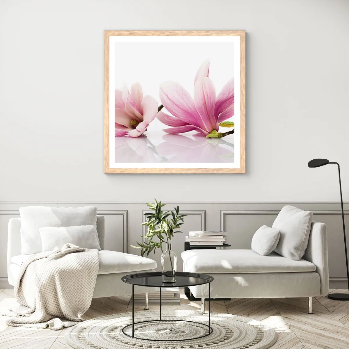 Plakat i ramme af lyst egetræ - Blød som et åndedrag af forår - 60x60 cm