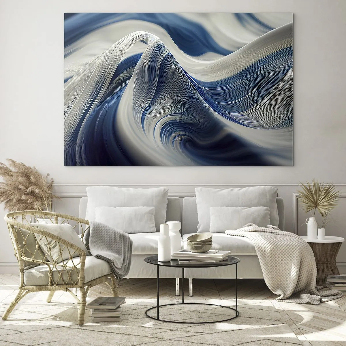 Billede på glas - Dynamisk abstraktion i nuancer af blå og hvid - 70x50cm - Flydende blå og hvide farver - Moderne vægdekoration til stue og soveværelse ARTTOR