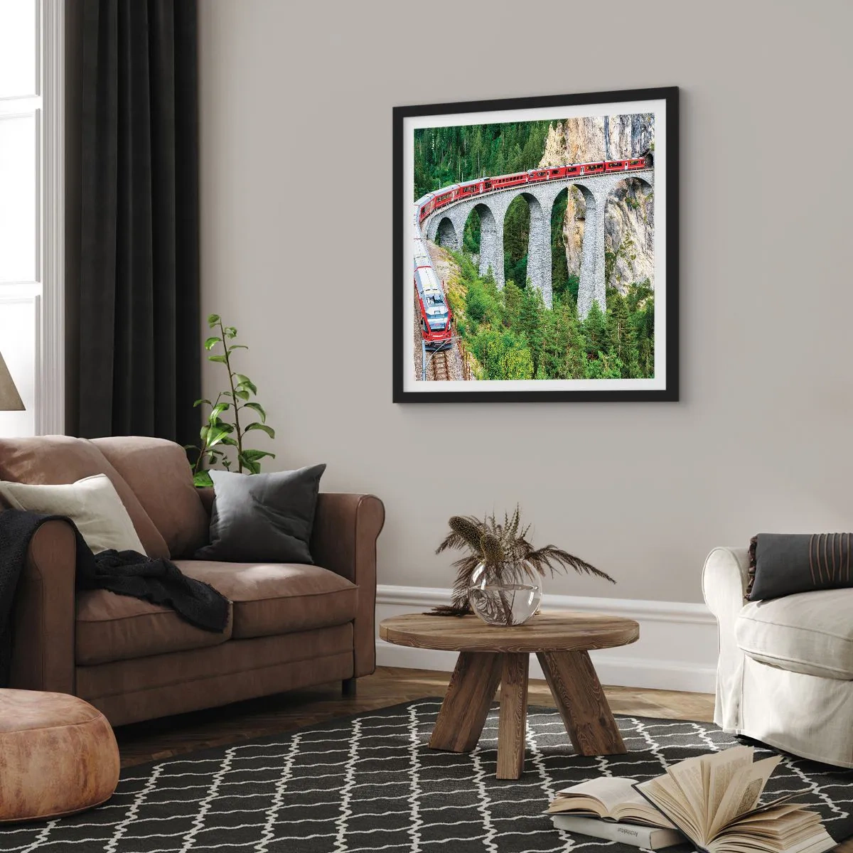 Plakat i sort ramme - Udsigt over bjergene til gengæld - 50x50 cm