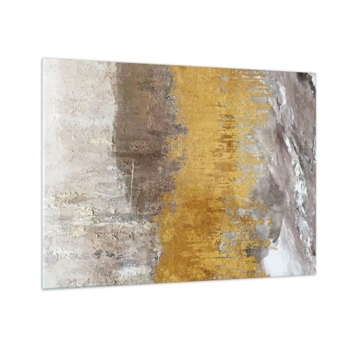 Billede på glas - Gyldne og jordnære strukturer skaber dynamisk abstraktion - 70x50cm - En gylden eksplosion - Moderne vægdekoration til stue og soveværelse ARTTOR