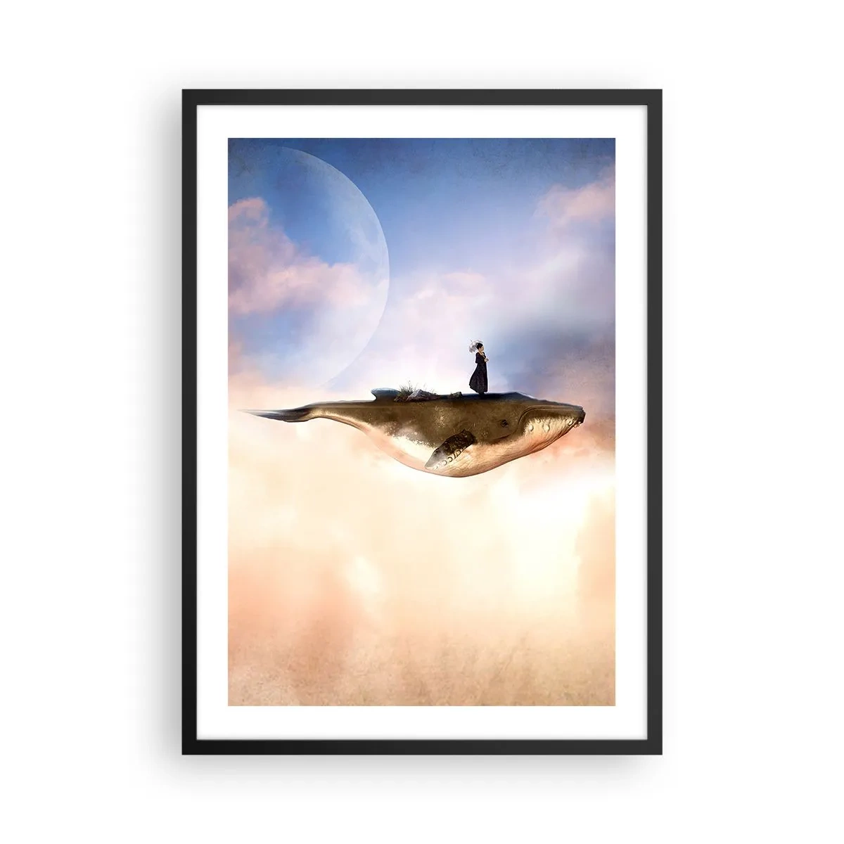 Plakat i sort ramme - Et surrealistisk maleri af en kvinde, der rider på en hval blandt skyerne. - 50x70cm - En surrealistisk rejse - Moderne vægdekoration til stue og soveværelse ARTTOR
