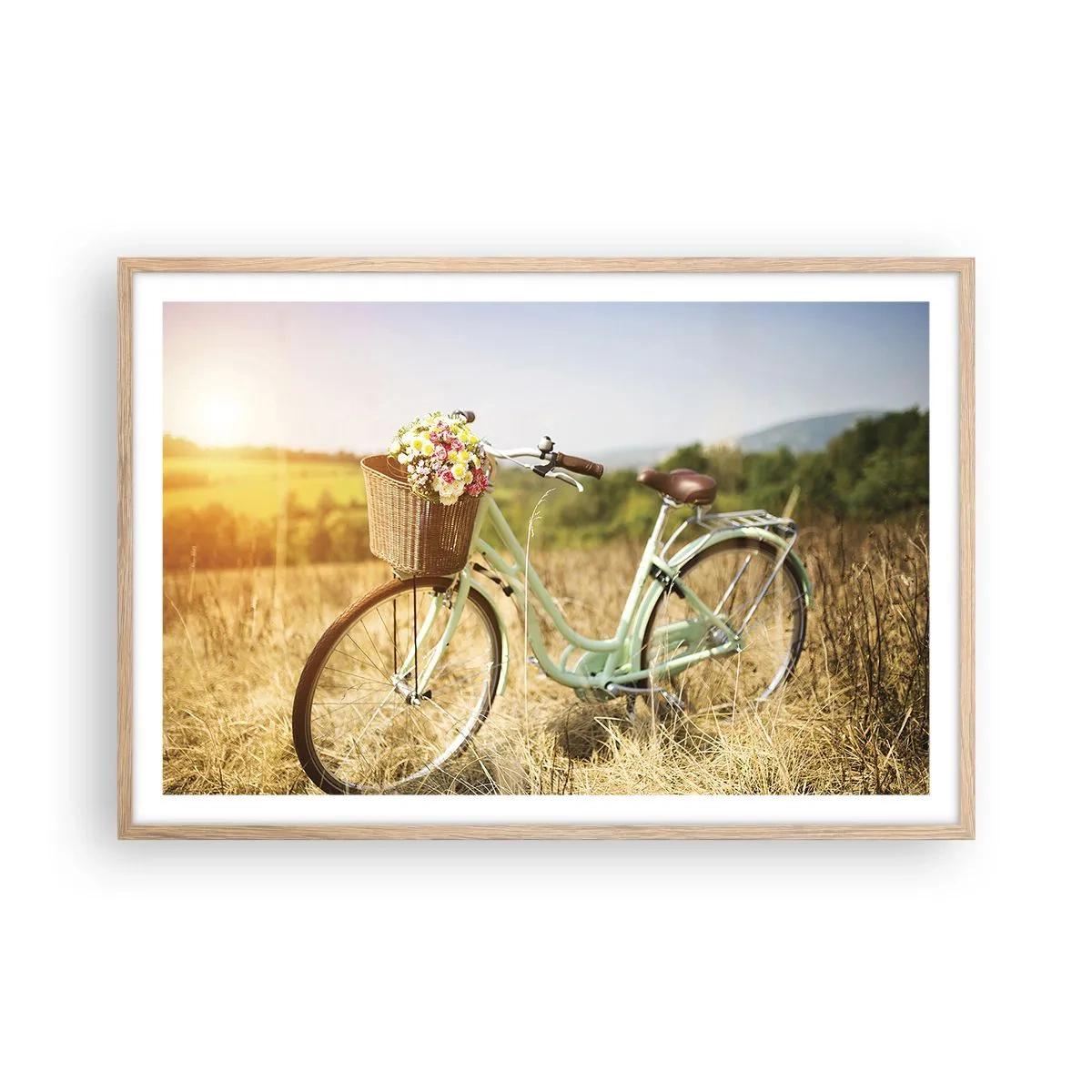 Plakat i ramme af lyst egetræ - Jeg bliver her et stykke tid - 91x61 cm