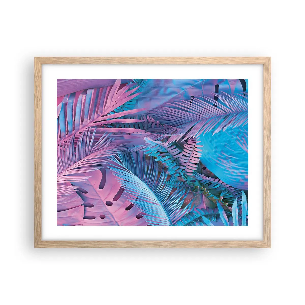 Plakat i ramme af lyst egetræ - Troperne i lyserød og blå - 50x40 cm