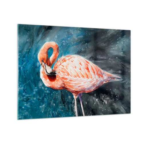 Billede på glas - En lyserød flamingo mod en blå akvarelbaggrund - 70x50cm - Dekorativ af natur - Moderne vægdekoration til stue og soveværelse ARTTOR