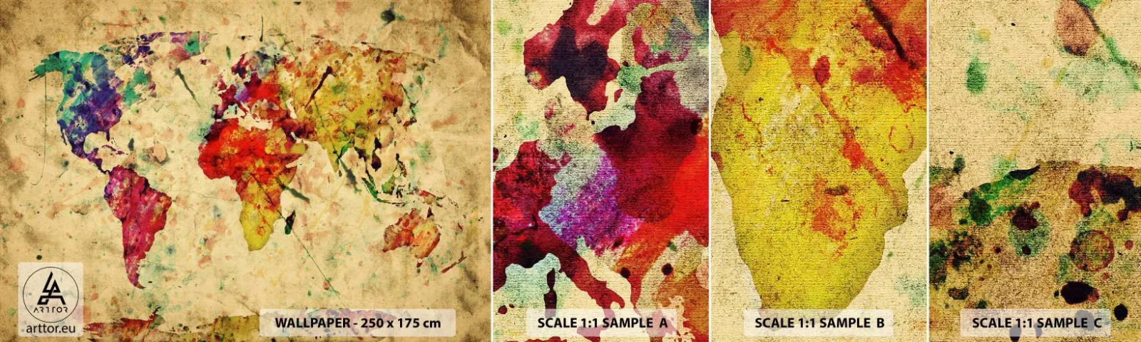 Fototapet Prøve Standard Eco - Livet som et farverigt papirkort - Verdenskort, Kontinenter, Rejser - 100x30 cm