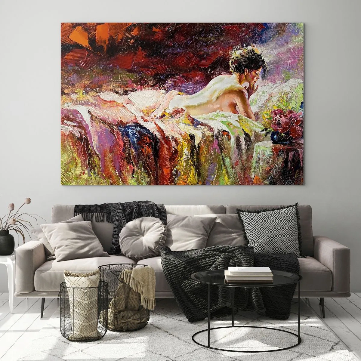 Billede på glas - Impressionistisk kvindelig nøgenmodel på farverigt stof - 70x50cm - Eftertænksom Venus - Moderne vægdekoration til stue og soveværelse ARTTOR