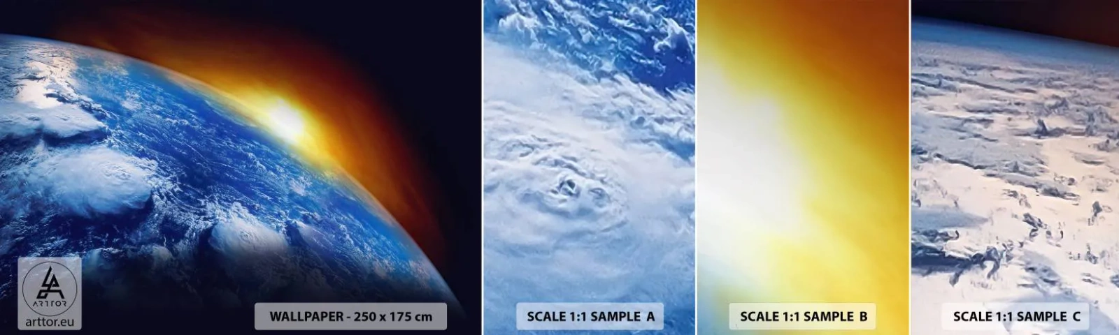 Fototapet Prøve Standard Eco - Solopgang over den blå planet - Abstraktion, 3D, Kosmos - 100x30 cm