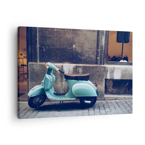 Lærredstryk - Billede på lærred - En retro-scooter parkeret op ad en stenmur - 70x50cm - Uforglemmelige klimaer - Moderne vægdekoration til stue og soveværelse ARTTOR