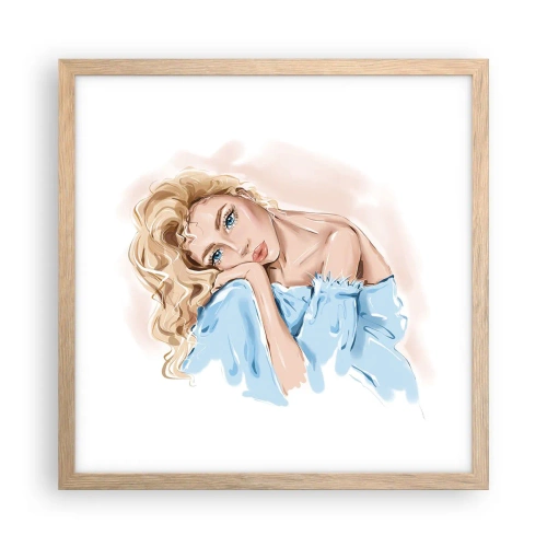 Plakat i ramme af lyst egetræ - Drømmende i blåt - 40x40 cm