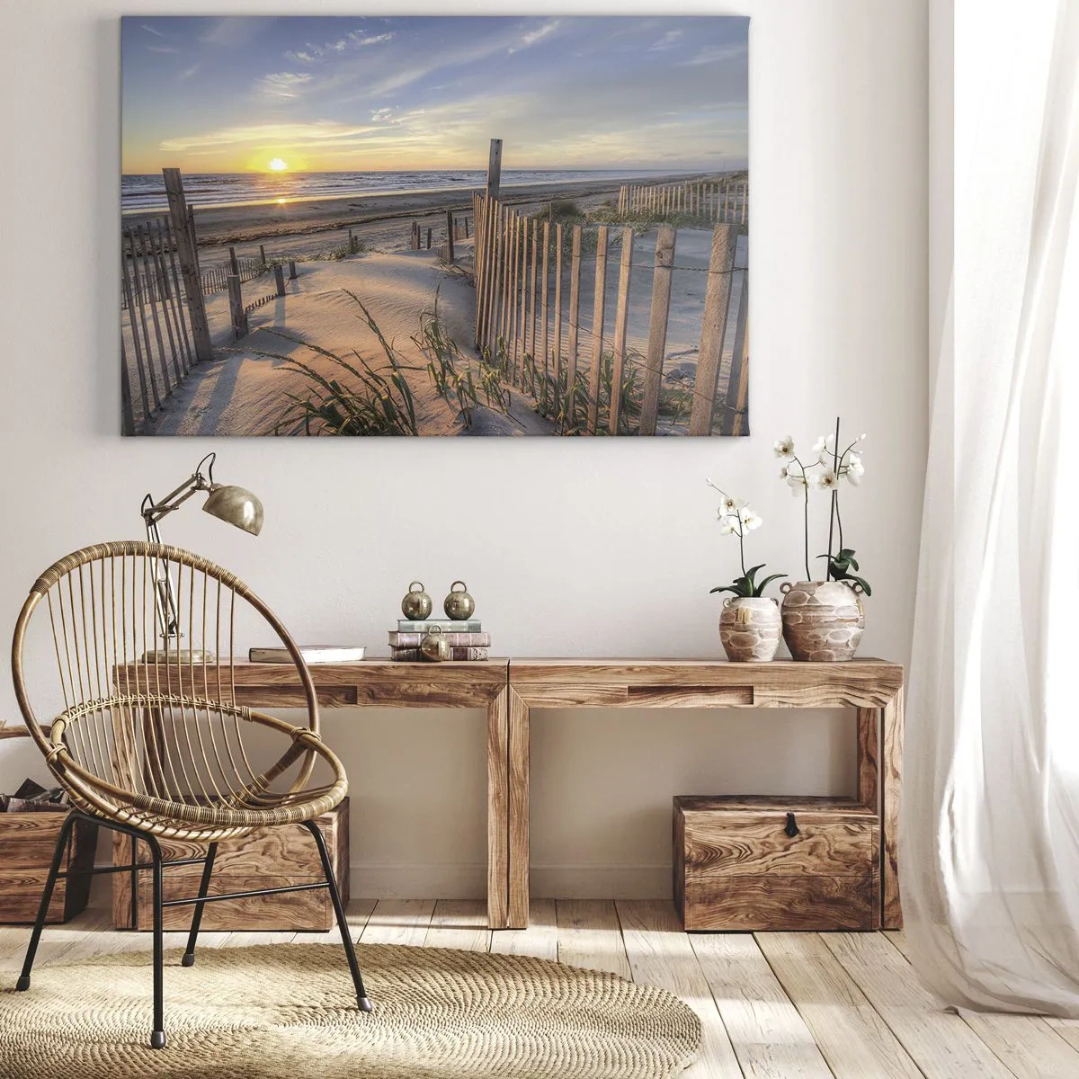 Lærredstryk - Billede på lærred - Solnedgangsstrand med træhegn - 70x50cm - Vindens blænding og skygge - Moderne vægdekoration til stue og soveværelse ARTTOR