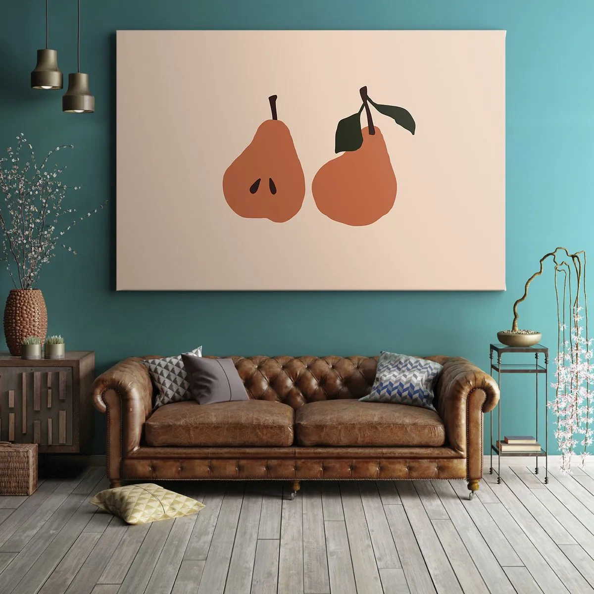Lærredstryk - Billede på lærred - En minimalistisk illustration af to pærer på en beige baggrund. - 70x50cm - Sødmen selv - Moderne vægdekoration til stue og soveværelse ARTTOR