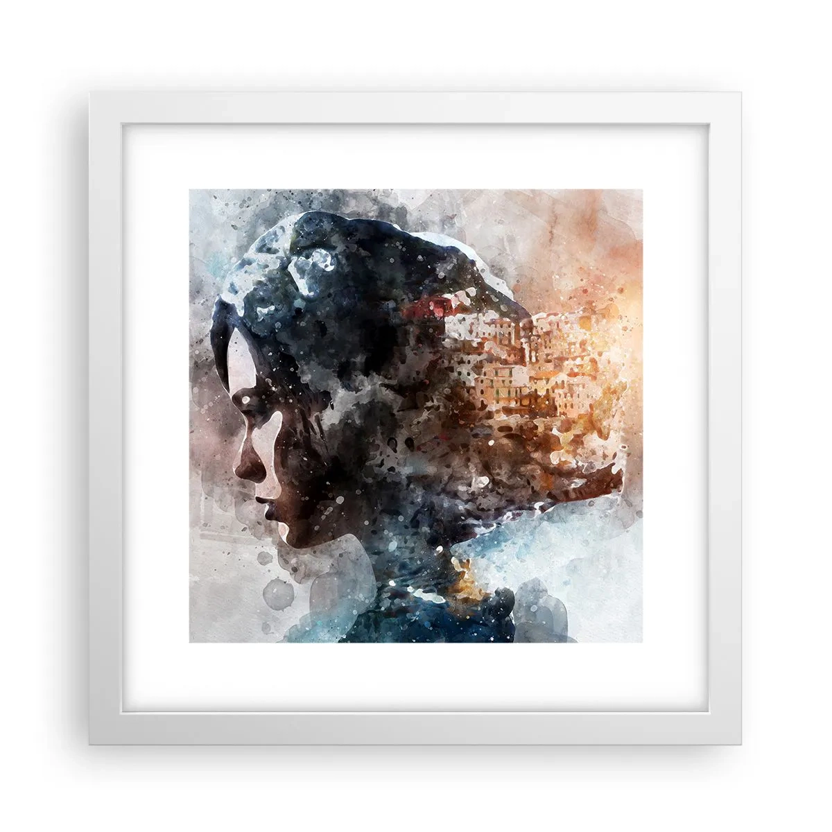 Plakat i hvid ramme - Historien om en pige med en by i baggrunden - 30x30 cm