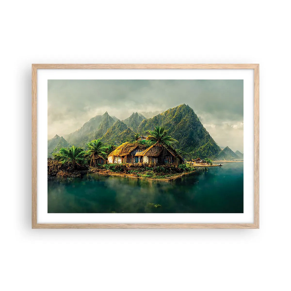 Plakat i ramme af lyst egetræ - Tropisk paradis - 70x50 cm