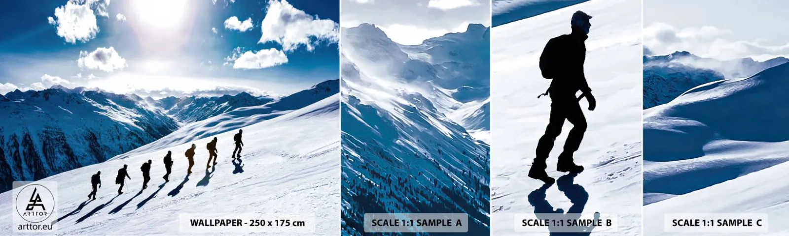 Prøve Fototapet Selvklæbende Deluxe Sticker - Det vindende hold - Bjergvandring, Landskab, Alperne - 100x30 cm