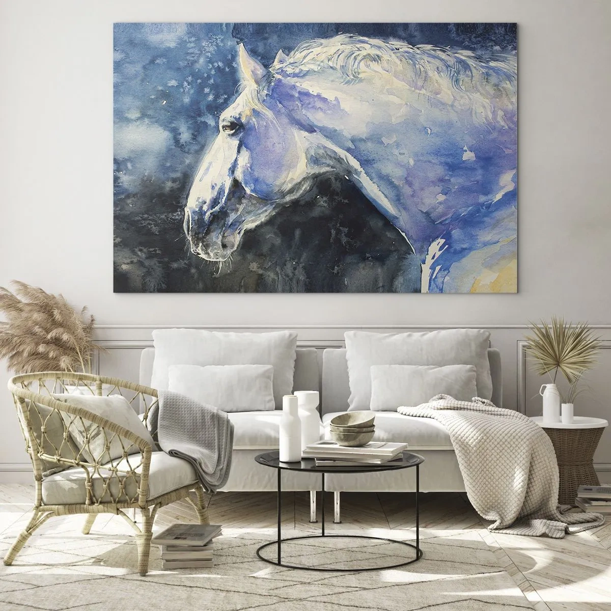 Billede på glas - Akvarelportræt af en hest i blå nuancer - 70x50cm - Portræt i et blåt skær - Moderne vægdekoration til stue og soveværelse ARTTOR