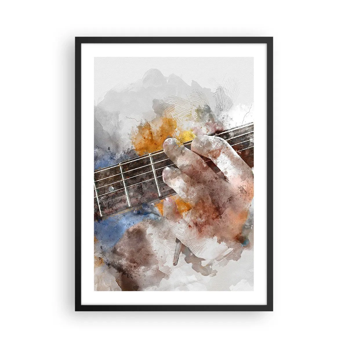 Plakat i sort ramme - Kunstnerisk hånd der spiller guitar i akvarelstil - 50x70cm - Poesi mellem strengene - Moderne vægdekoration til stue og soveværelse ARTTOR