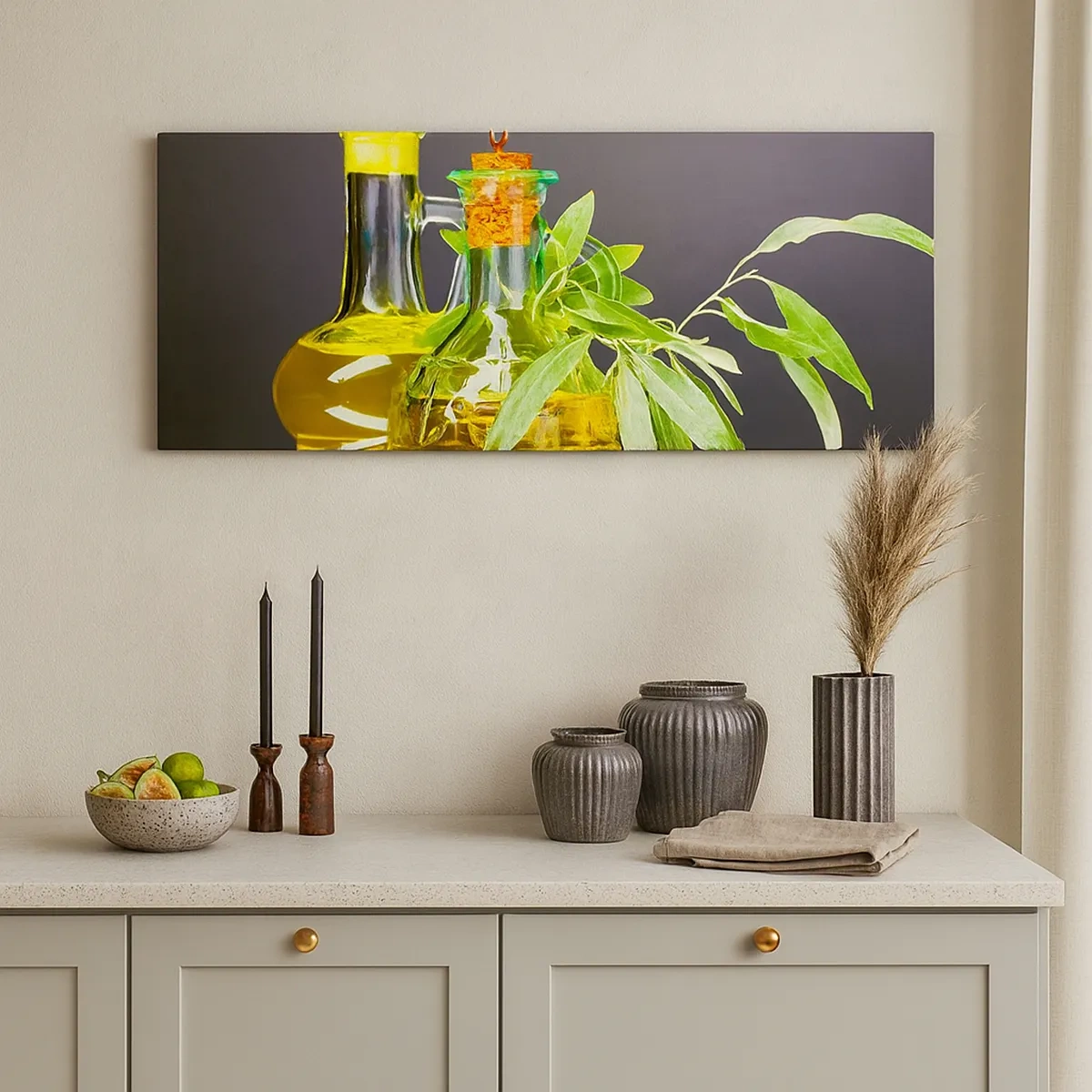 Lærredstryk - Billede på lærred - Stilleben med oliven og olie - 30x30 cm