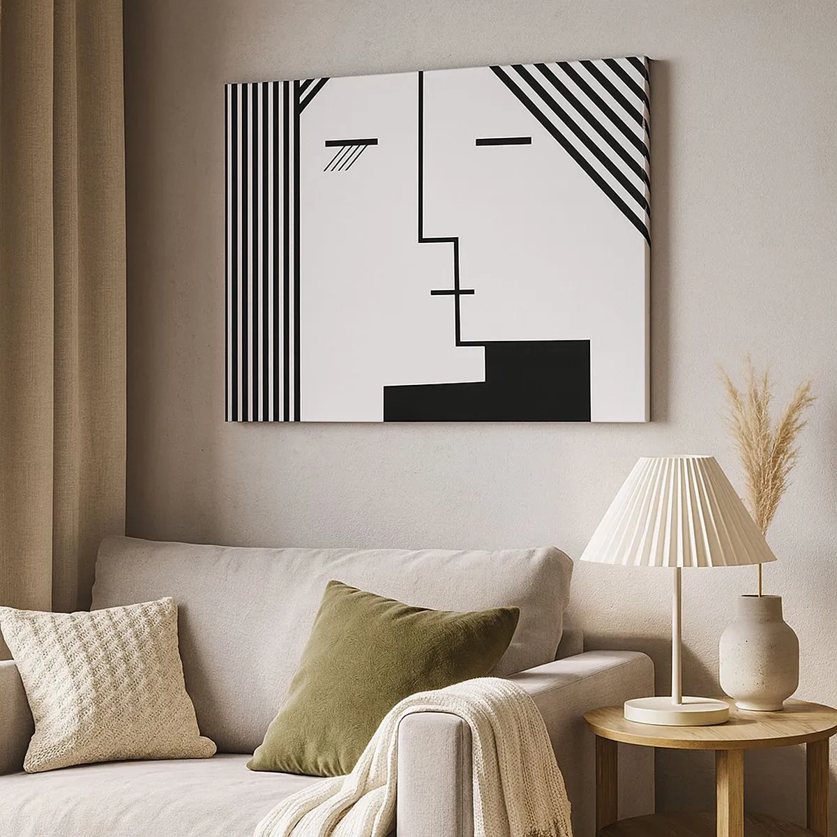 Lærredstryk - Billede på lærred - Geometrisk abstraktion af et kys i sort-hvid - 70x50cm - Bare et kys - Moderne vægdekoration til stue og soveværelse ARTTOR