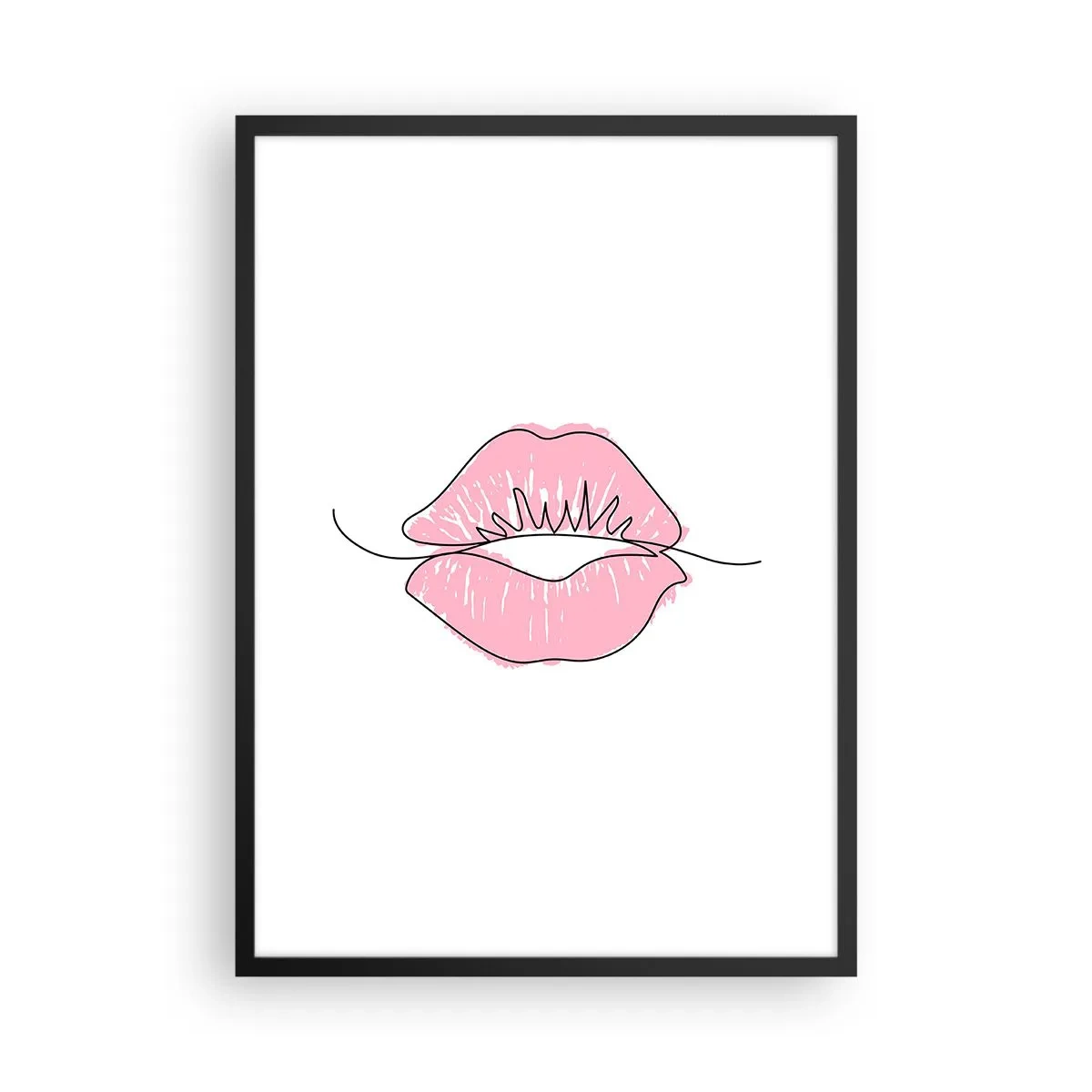 Plakat i sort ramme - Minimalistisk illustration af lyserøde læber på en hvid baggrund - 50x70cm - Klar til at kysse? - Moderne vægdekoration til stue og soveværelse ARTTOR