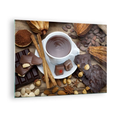 Billede på glas - En kop varm chokolade med toppings på en rustik baggrund - 70x50cm - Fra en eventyrlig chokoladefabrik - Moderne vægdekoration til stue og soveværelse ARTTOR
