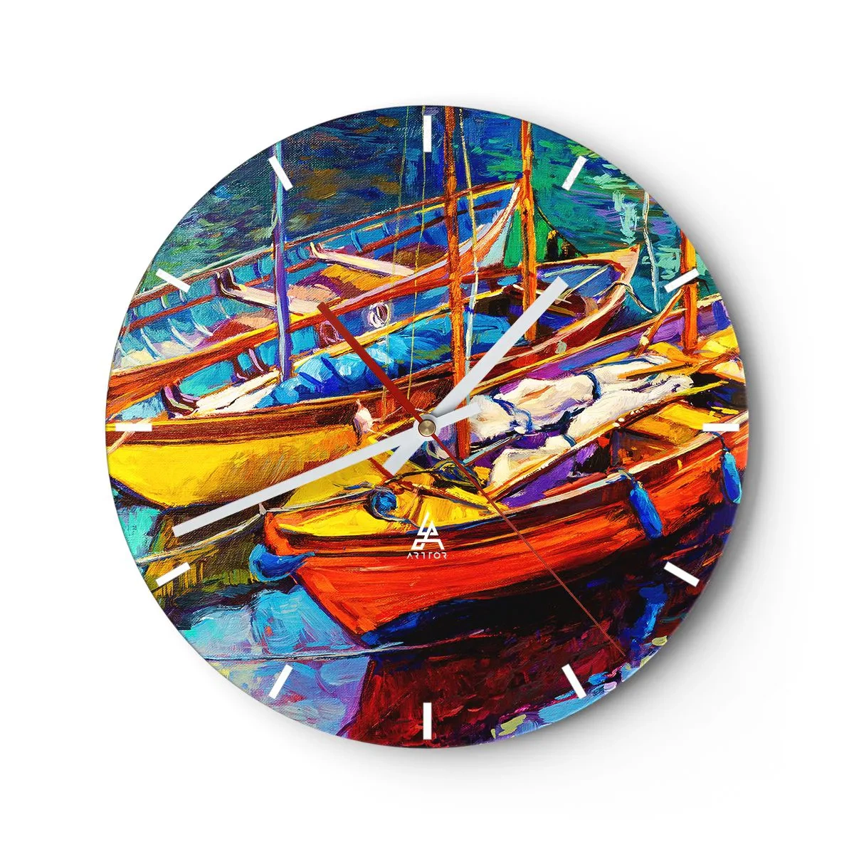 Vægur, Uret - Farverige både i havnen - 30x30cm - På vand, der er tykt af farve - Moderne vægdekoration til stue, køkken og soveværelse ARTTOR