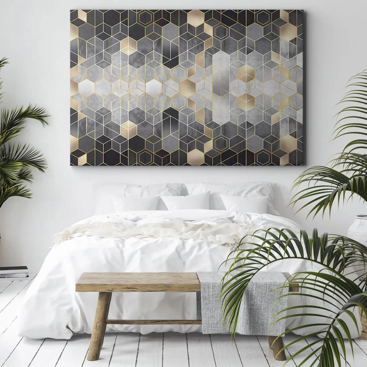 Lærredstryk - Billede på lærred - Geometrisk mønster i gyldne nuancer - 70x50cm - Sammensætning af diamanter - Moderne vægdekoration til stue og soveværelse ARTTOR