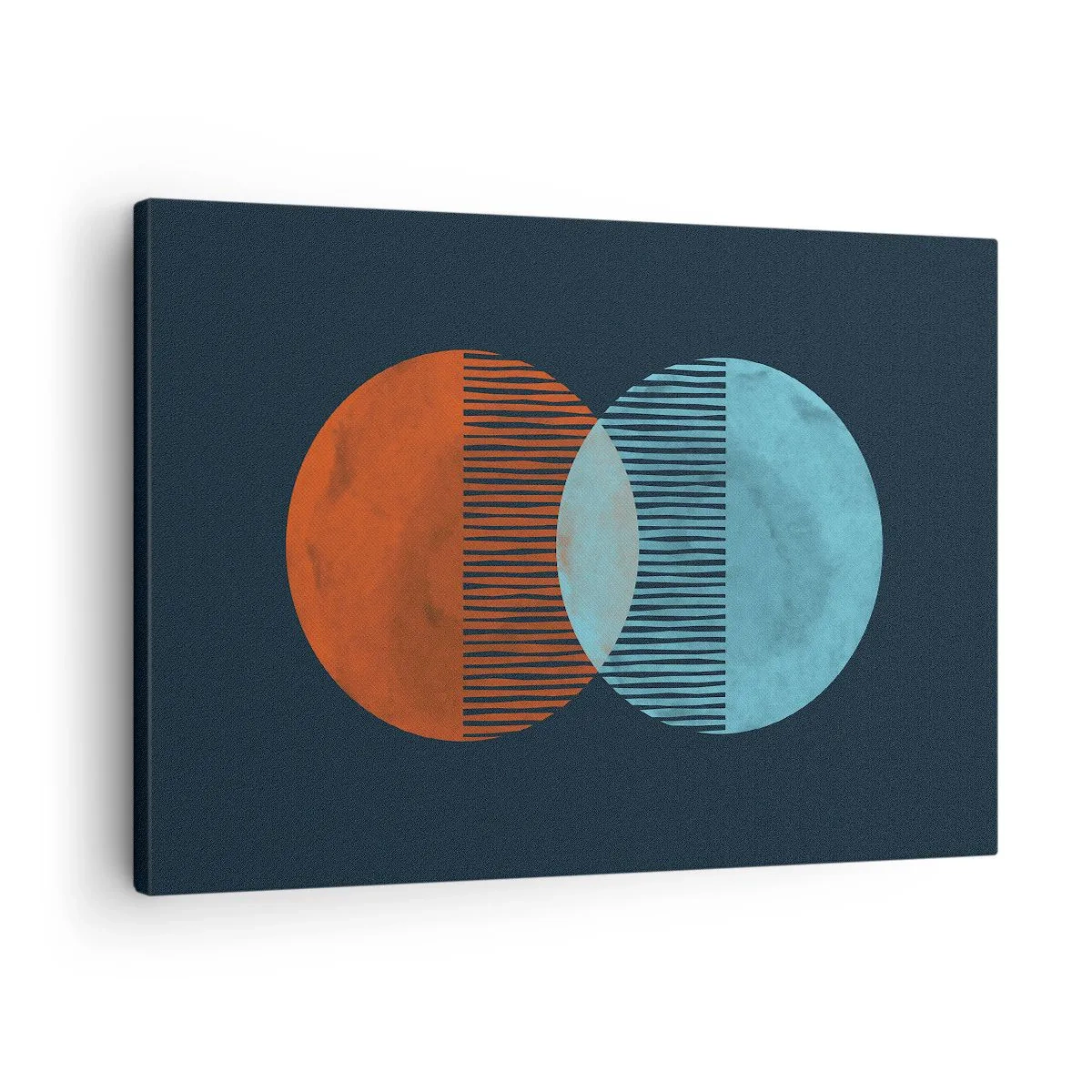 Lærredstryk - Billede på lærred - To orange og blå cirkler på en mørk baggrund - 70x50cm - Astronomisk fantasi - Moderne vægdekoration til stue og soveværelse ARTTOR