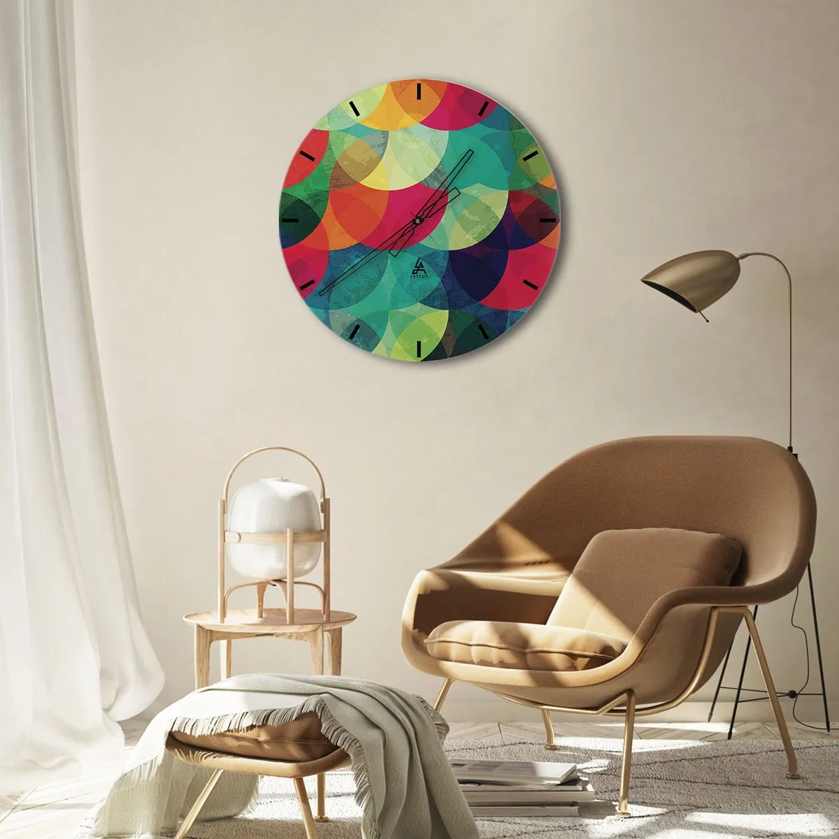 Vægur, Uret - Flerfarvede cirkler, der overlapper hinanden i en geometrisk komposition - 30x30cm - Ind i regnbuens opstigning - Moderne vægdekoration til stue, køkken og soveværelse ARTTOR