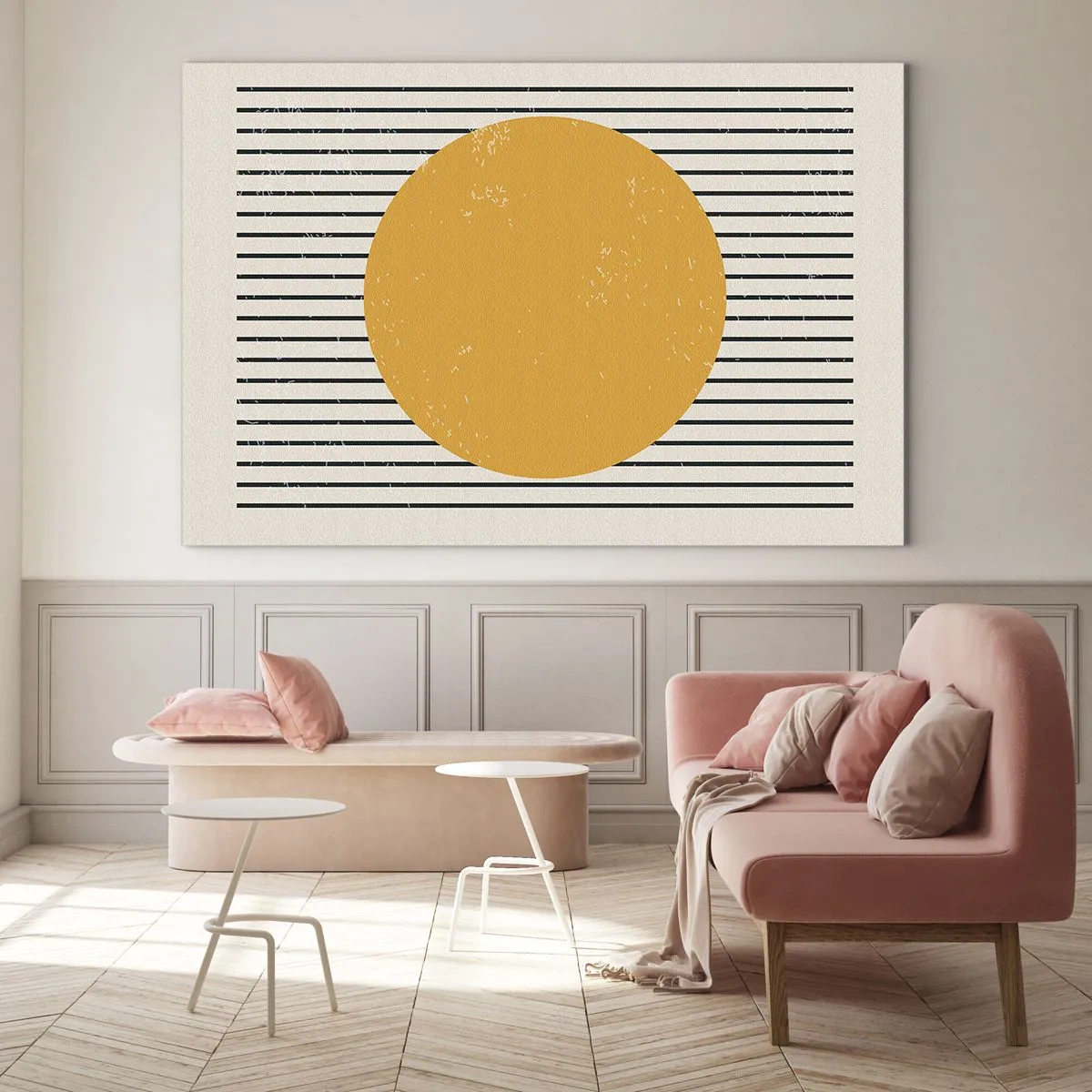 Billede på glas - En orange cirkel mod en baggrund af vandrette sorte linjer på en beige baggrund. - 70x50cm - Enkelthedens kraft - Moderne vægdekoration til stue og soveværelse ARTTOR