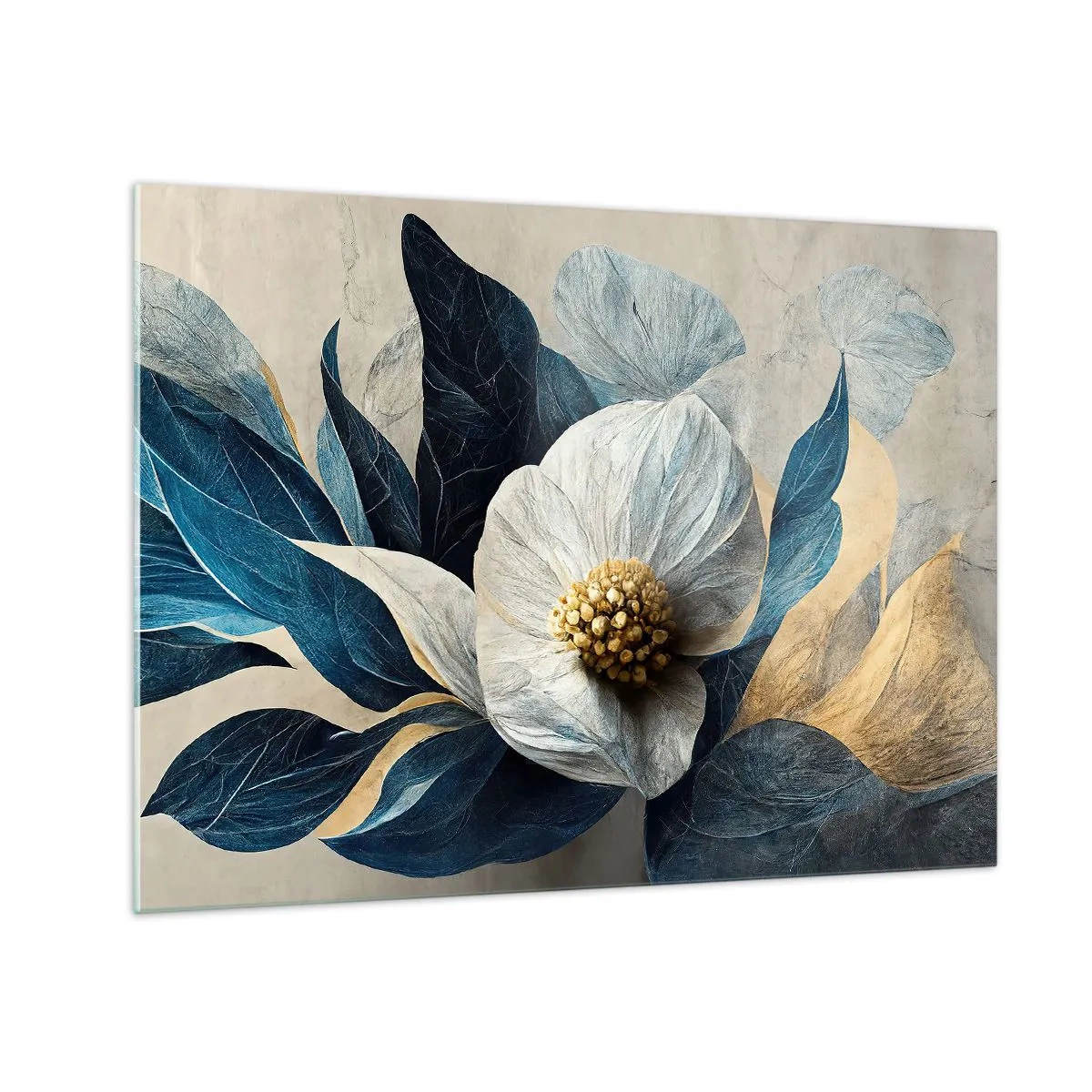 Billede på glas - Et hvidt blomsterarrangement med marineblå blade og en gylden midte - 70x50cm - Har et hjerte af guld - Moderne vægdekoration til stue og soveværelse ARTTOR
