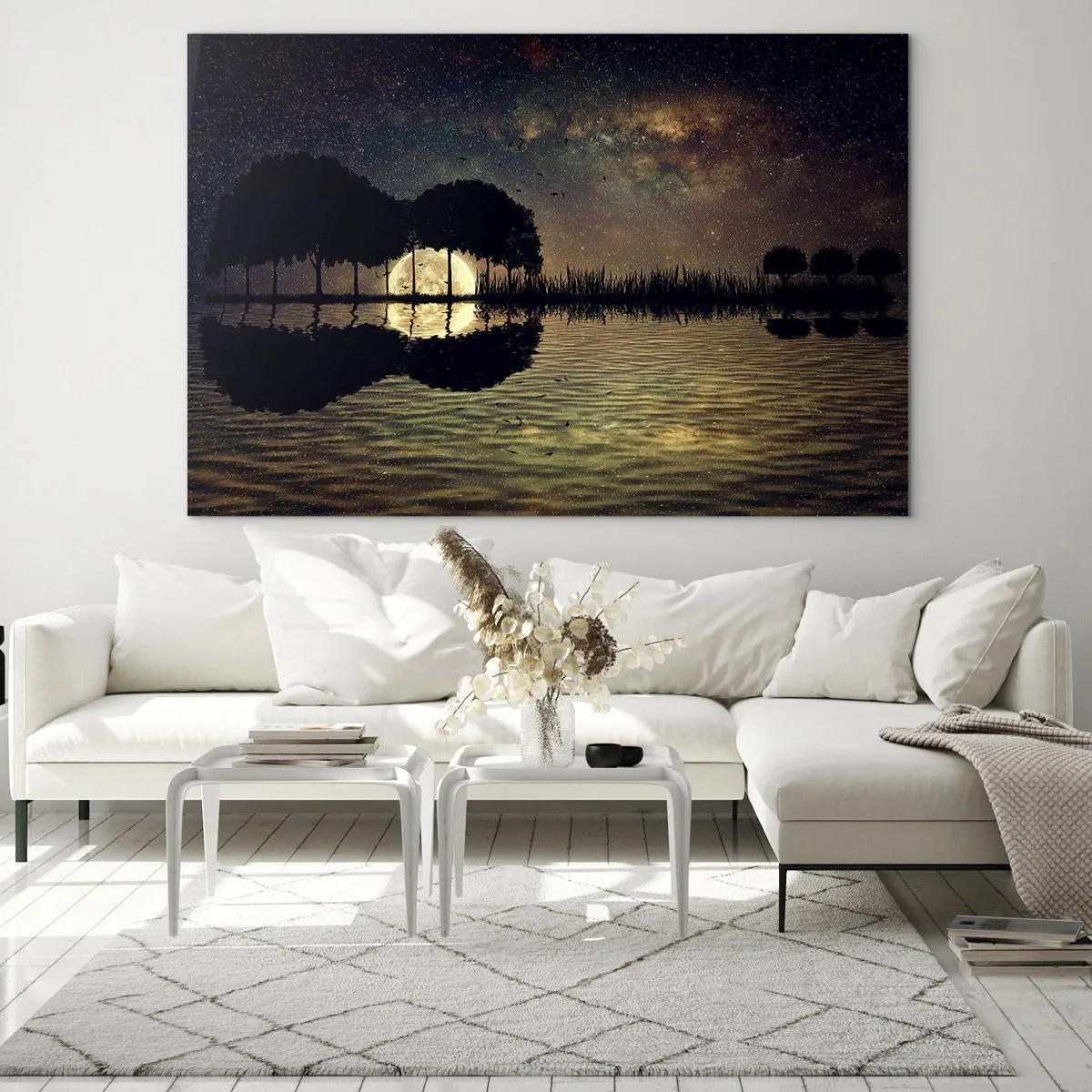 Billede på glas - Nattescene med en fuldmåne spejlet i vandet - 70x50cm - En nat på kanten af verden - Moderne vægdekoration til stue og soveværelse ARTTOR