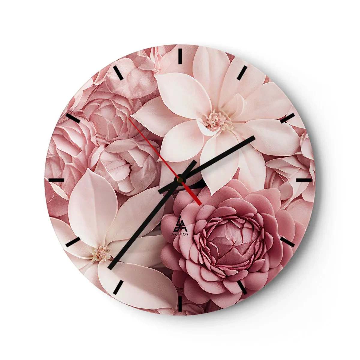 Vægur, Uret - En sammensætning af lyserøde blomster i forskellige nuancer og former - 30x30cm - I lyserøde kronblade - Moderne vægdekoration til stue, køkken og soveværelse ARTTOR