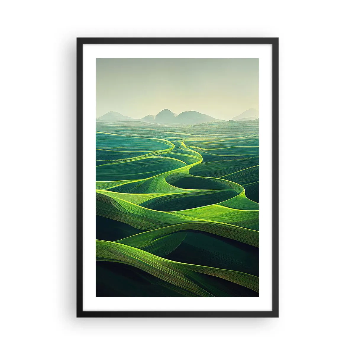 Plakat i sort ramme - Grønne, bølgende marker med udsigt over bjergene - 50x70cm - I grønne dale - Moderne vægdekoration til stue og soveværelse ARTTOR