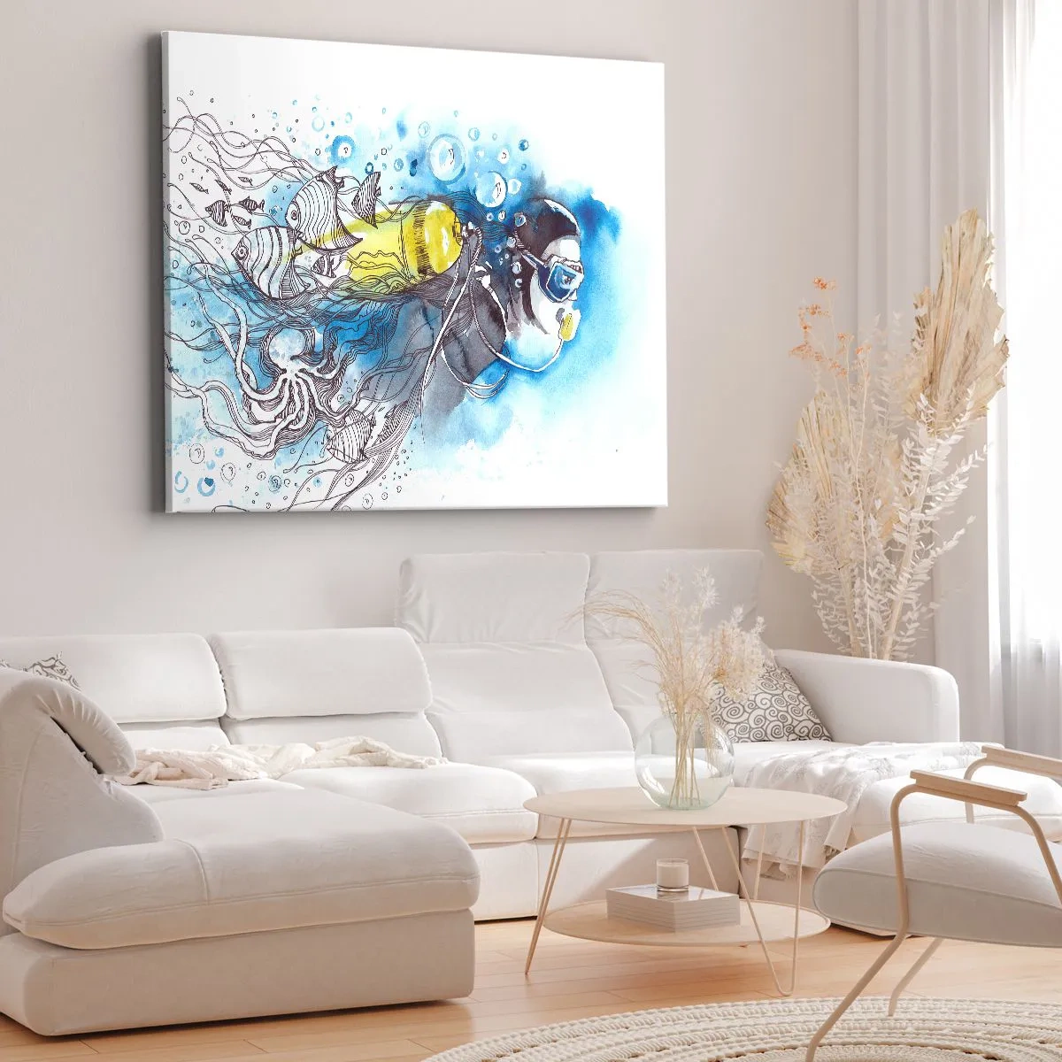 Lærredstryk - Billede på lærred - Undervandsscene med en dykker og eksotiske fisk - 70x50cm - Stor blå - Moderne vægdekoration til stue og soveværelse ARTTOR