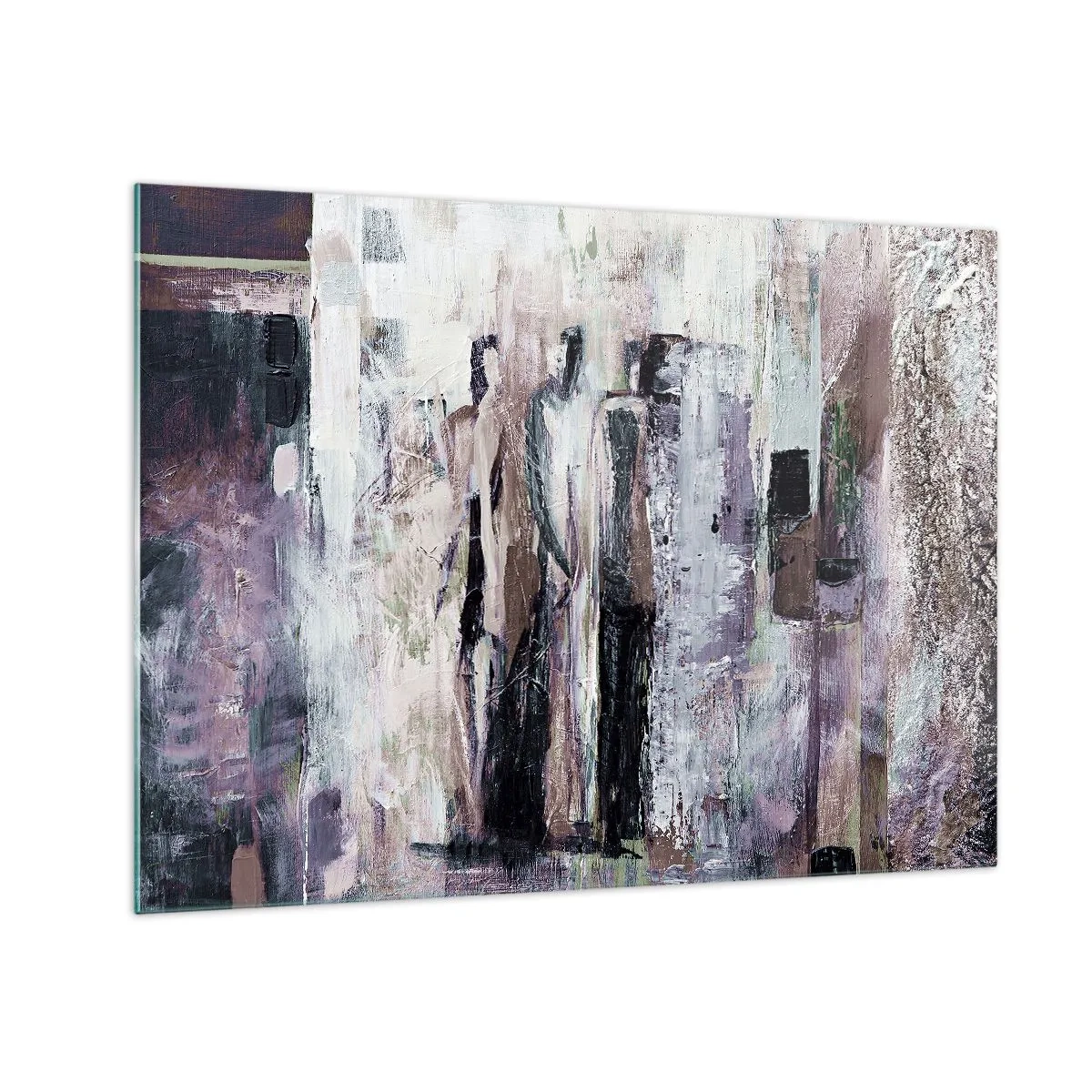 Billede på glas - Abstrakte silhuetter af figurer mod en tekstureret malingbaggrund - 70x50cm - De mystiske tre - Moderne vægdekoration til stue og soveværelse ARTTOR