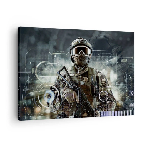 Lærredstryk - Billede på lærred - En soldat i en futuristisk hjelm med en pistol i baggrunden af teknologi. - 70x50cm - Magt til potens - Moderne vægdekoration til stue og soveværelse ARTTOR