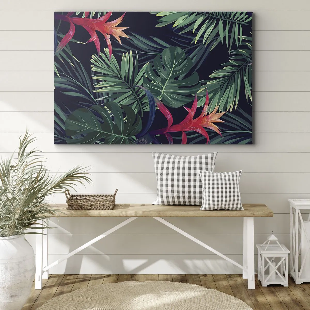 Lærredstryk - Billede på lærred - Tropiske blade og blomster på en mørk baggrund - 70x50cm - Brænd i grønt - Moderne vægdekoration til stue og soveværelse ARTTOR