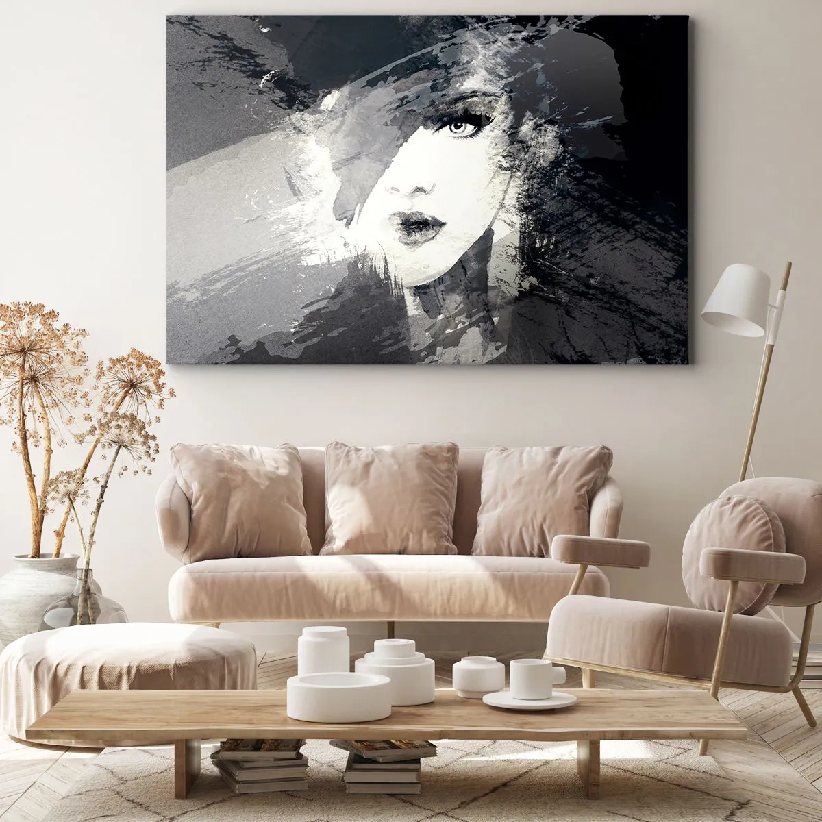 Lærredstryk - Billede på lærred - Et abstrakt portræt af en kvinde i grå nuancer med fine accenter. - 70x50cm - Bag et gråt slør - Moderne vægdekoration til stue og soveværelse ARTTOR