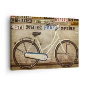 Lærredstryk - Billede på lærred - En retro cykel mod en væg dekoreret med nummerplader - 70x50cm - Ingen komplekser - Moderne vægdekoration til stue og soveværelse ARTTOR