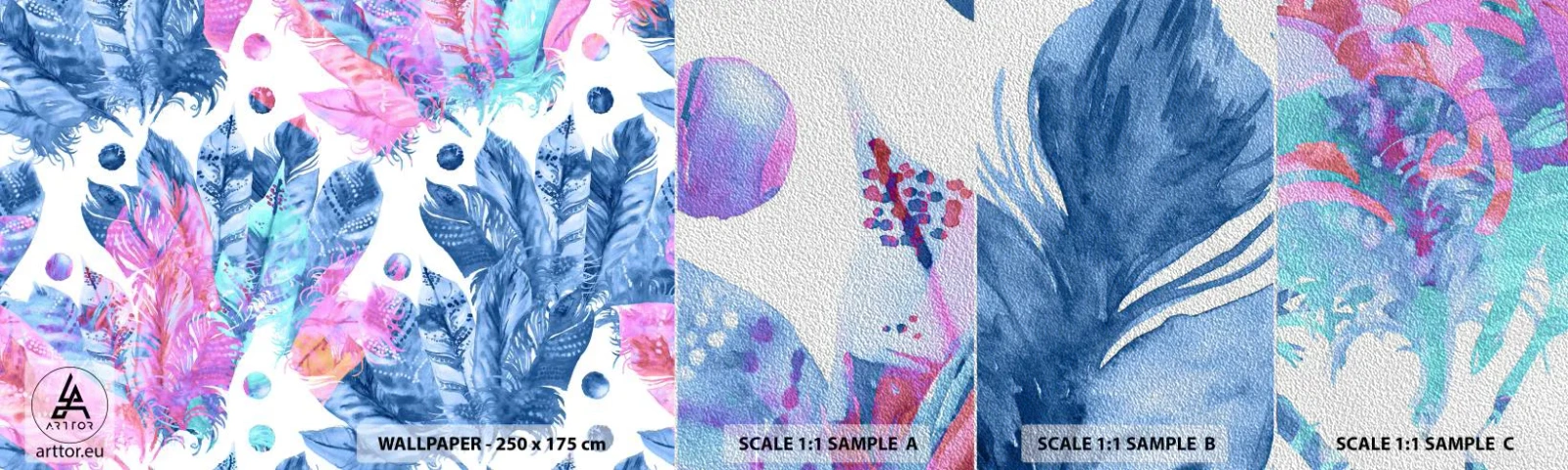 Prøve Fototapet Premium Sand - Plys i lyserød og blå - Fuglefjer, Farverig Illustration, Grafik - 100x30 cm