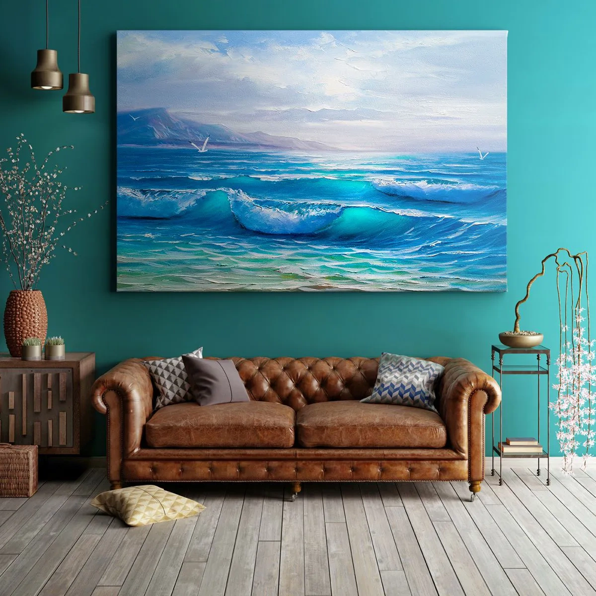 Lærredstryk - Billede på lærred - Et malerisk havlandskab med bølger og en blå himmel - 70x50cm - Giver trøst - Moderne vægdekoration til stue og soveværelse ARTTOR