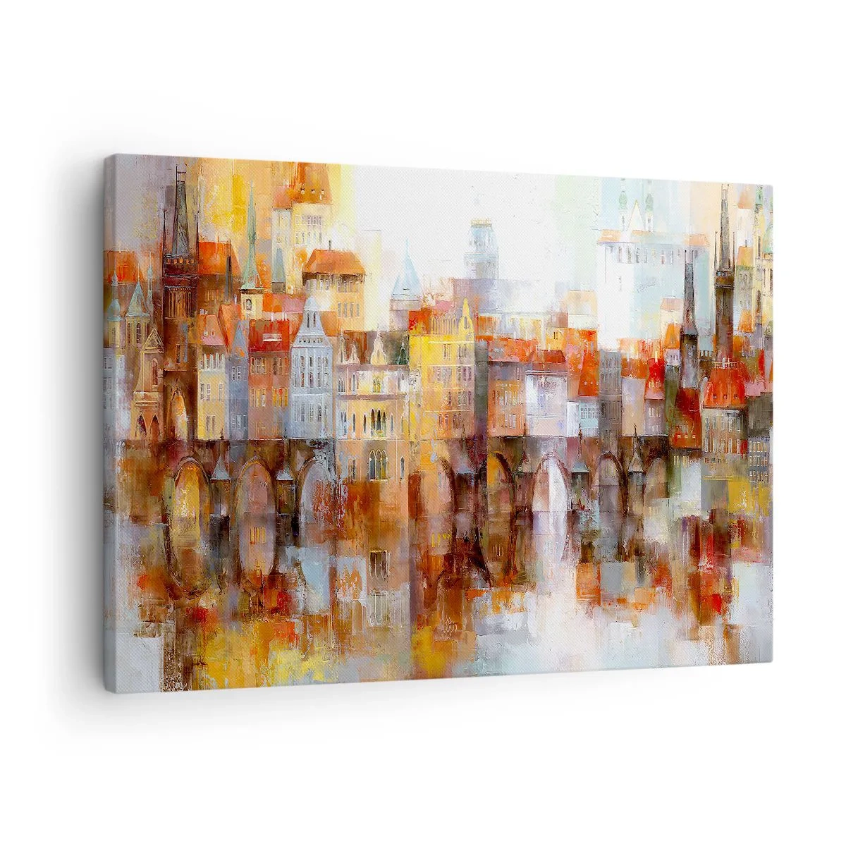 Lærredstryk - Billede på lærred - Et malerisk panorama af byen med en bro i efterårsfarver - 70x50cm - Under broen også smuk - Moderne vægdekoration til stue og soveværelse ARTTOR