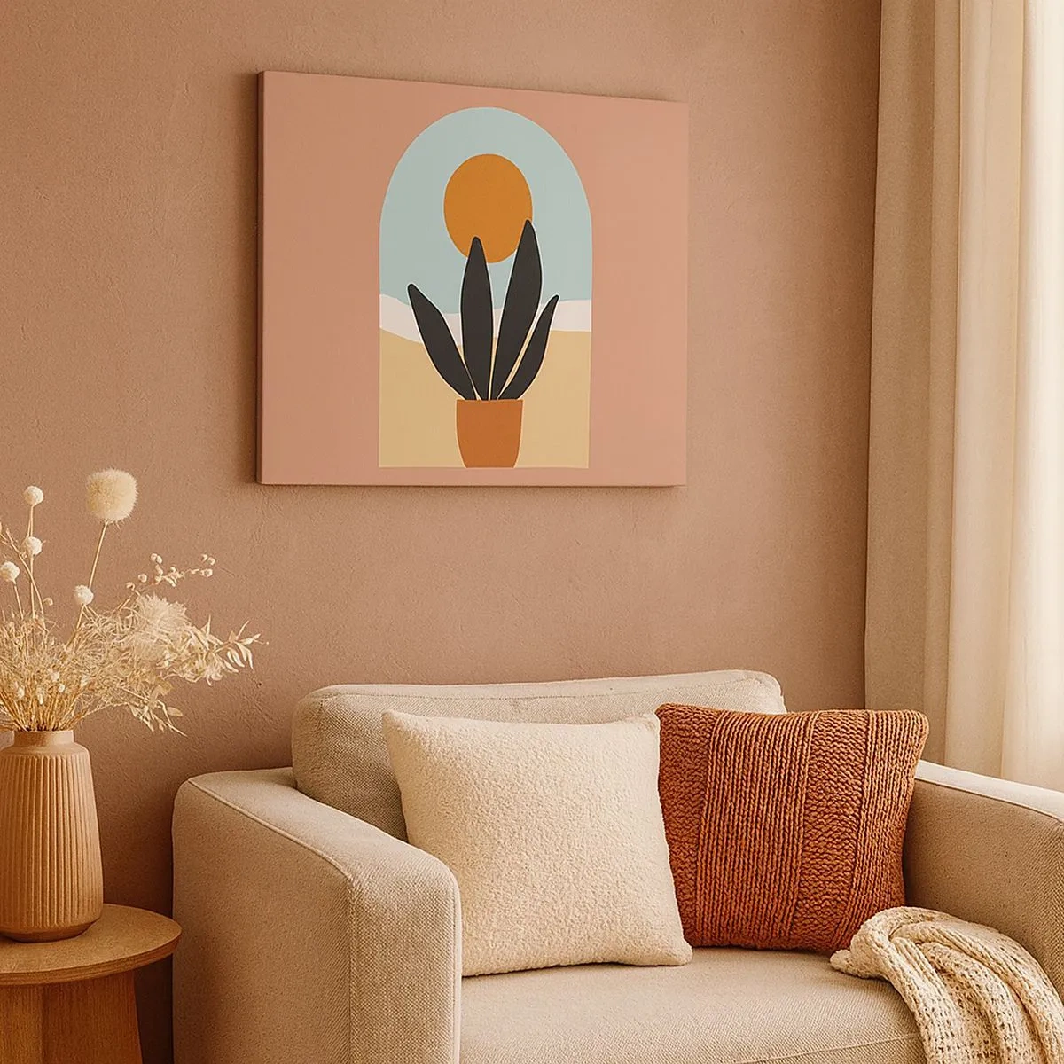 Lærredstryk - Billede på lærred - En sort plante i en potte mod solen - 70x50cm - Små glæder - Moderne vægdekoration til stue og soveværelse ARTTOR