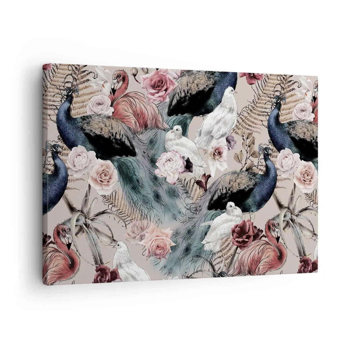 Lærredstryk - Billede på lærred - Et landskab med påfuglefjer, roser og fugle i romantisk stil. - 70x50cm - I paladsets have - Moderne vægdekoration til stue og soveværelse ARTTOR
